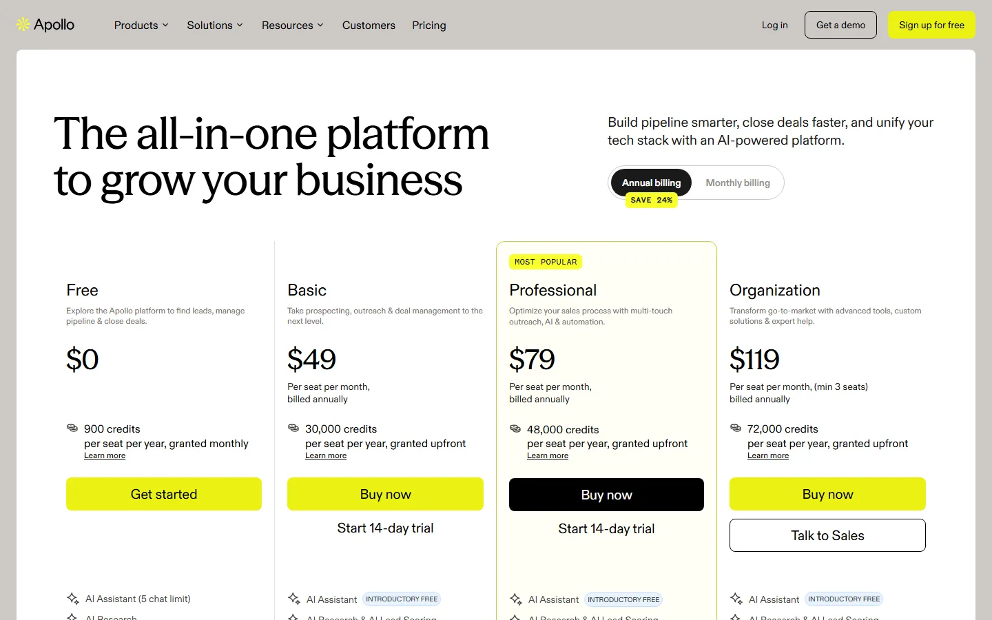 Apollo.io pricing page