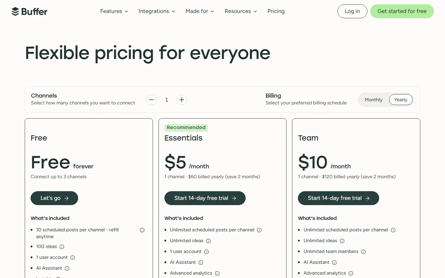 Buffer pricing page