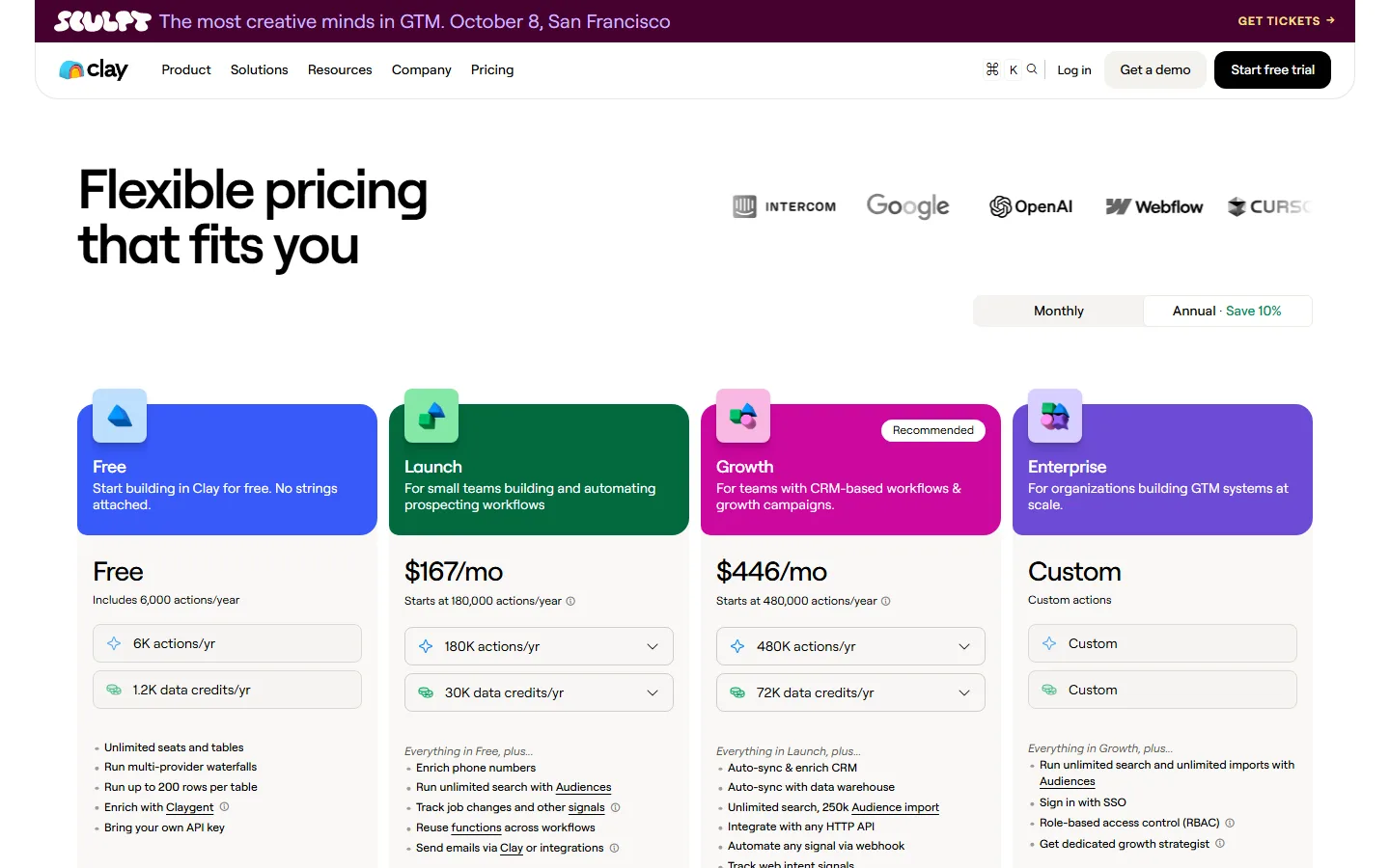 Clay pricing page
