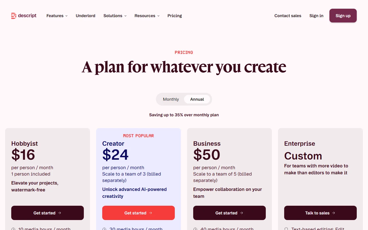 Descript pricing page