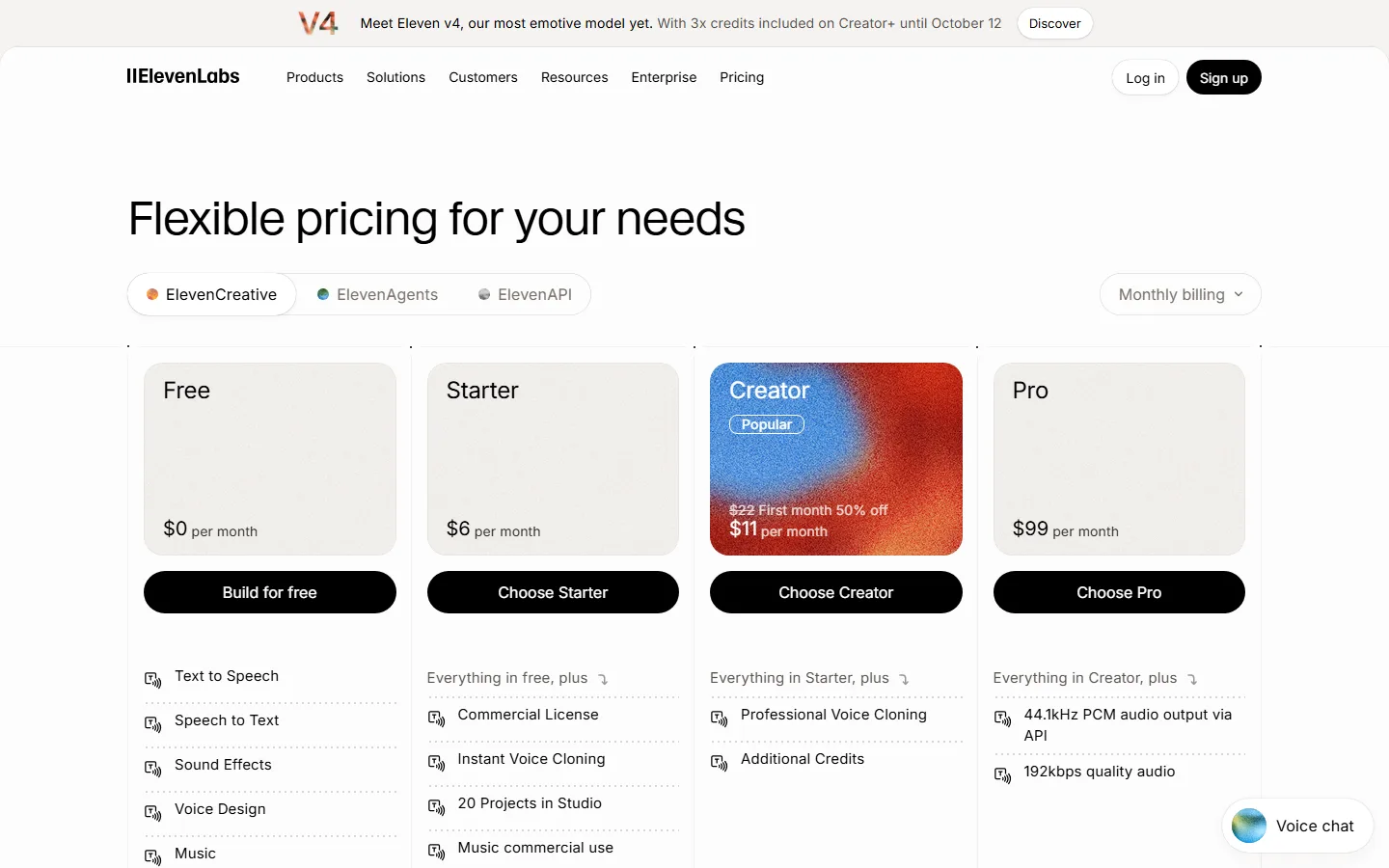 ElevenLabs pricing page