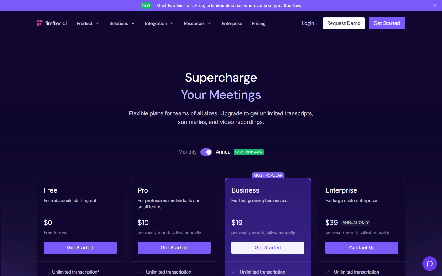 Fireflies.ai pricing page