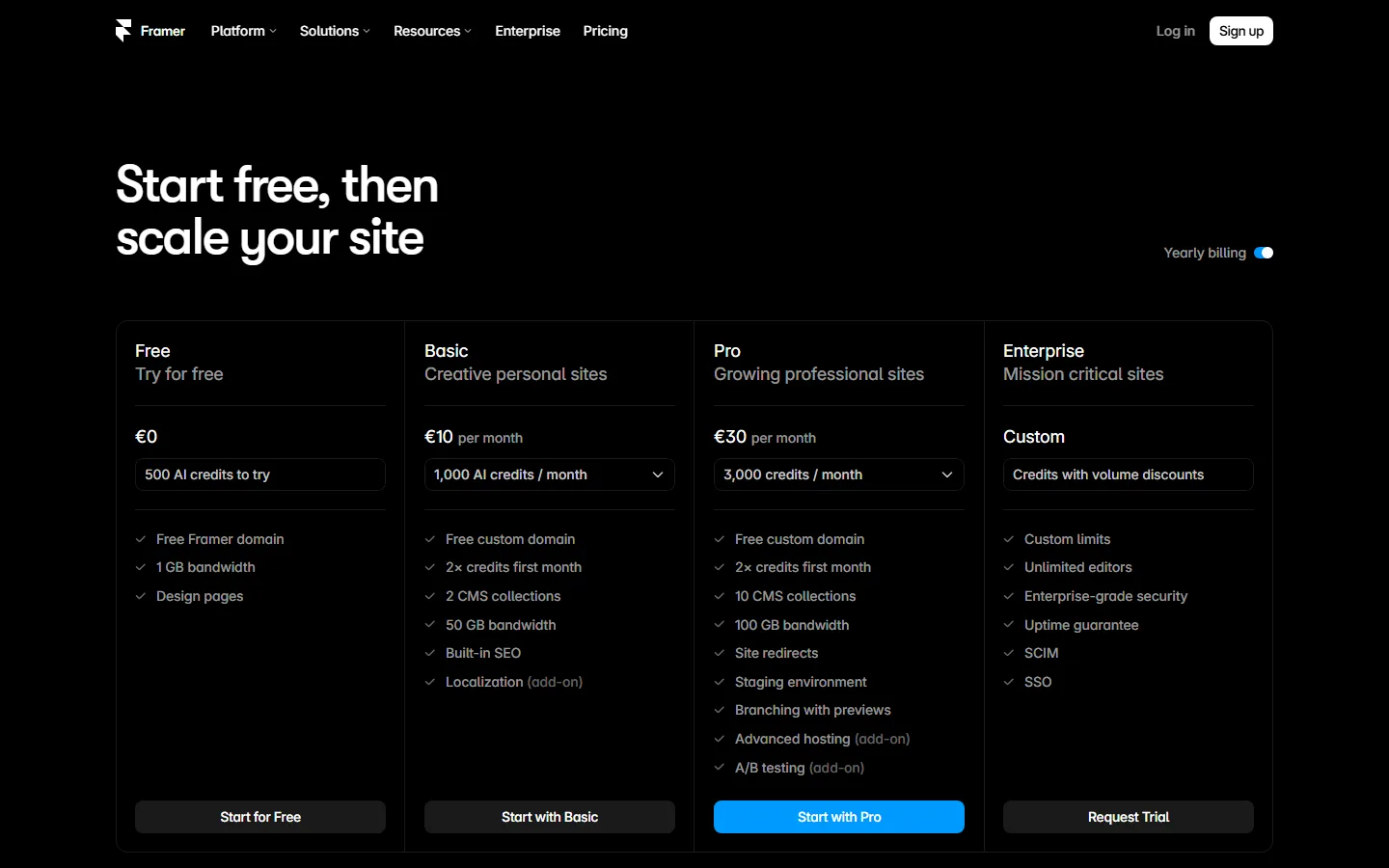 Framer pricing page