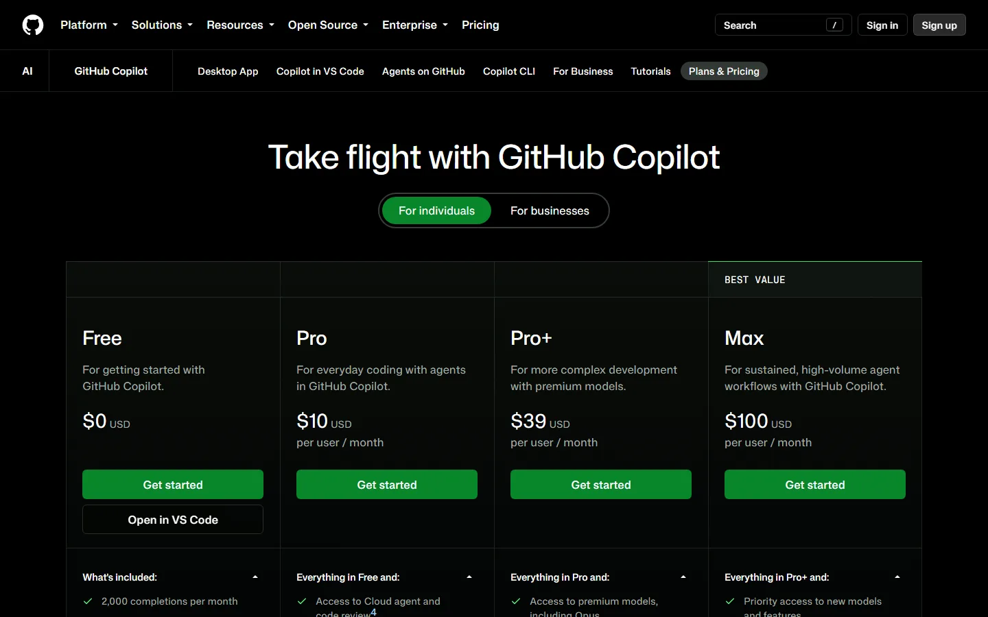 GitHub Copilot plans page