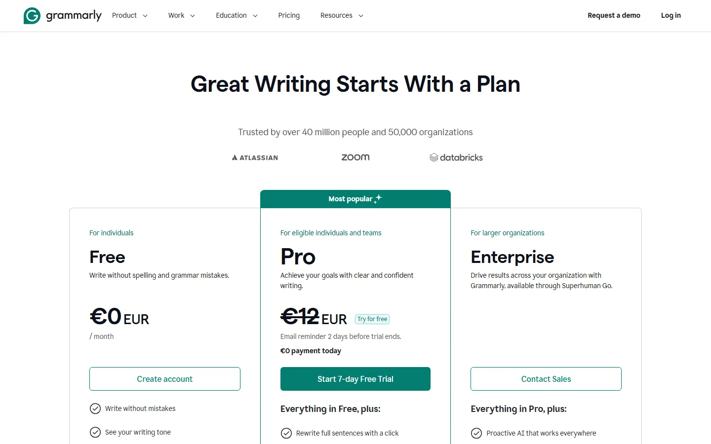 Grammarly plans page