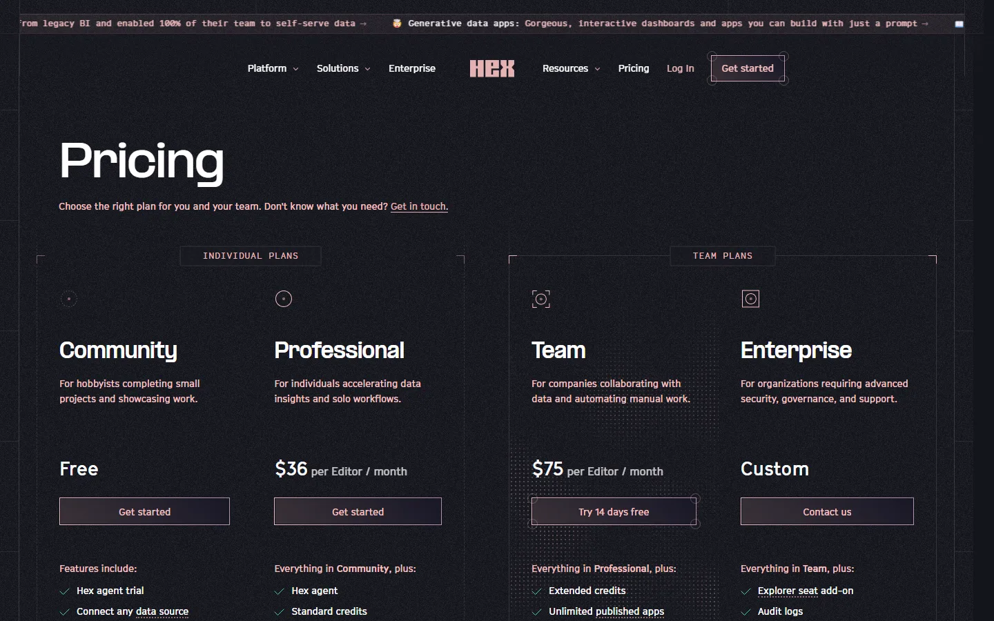Hex pricing page