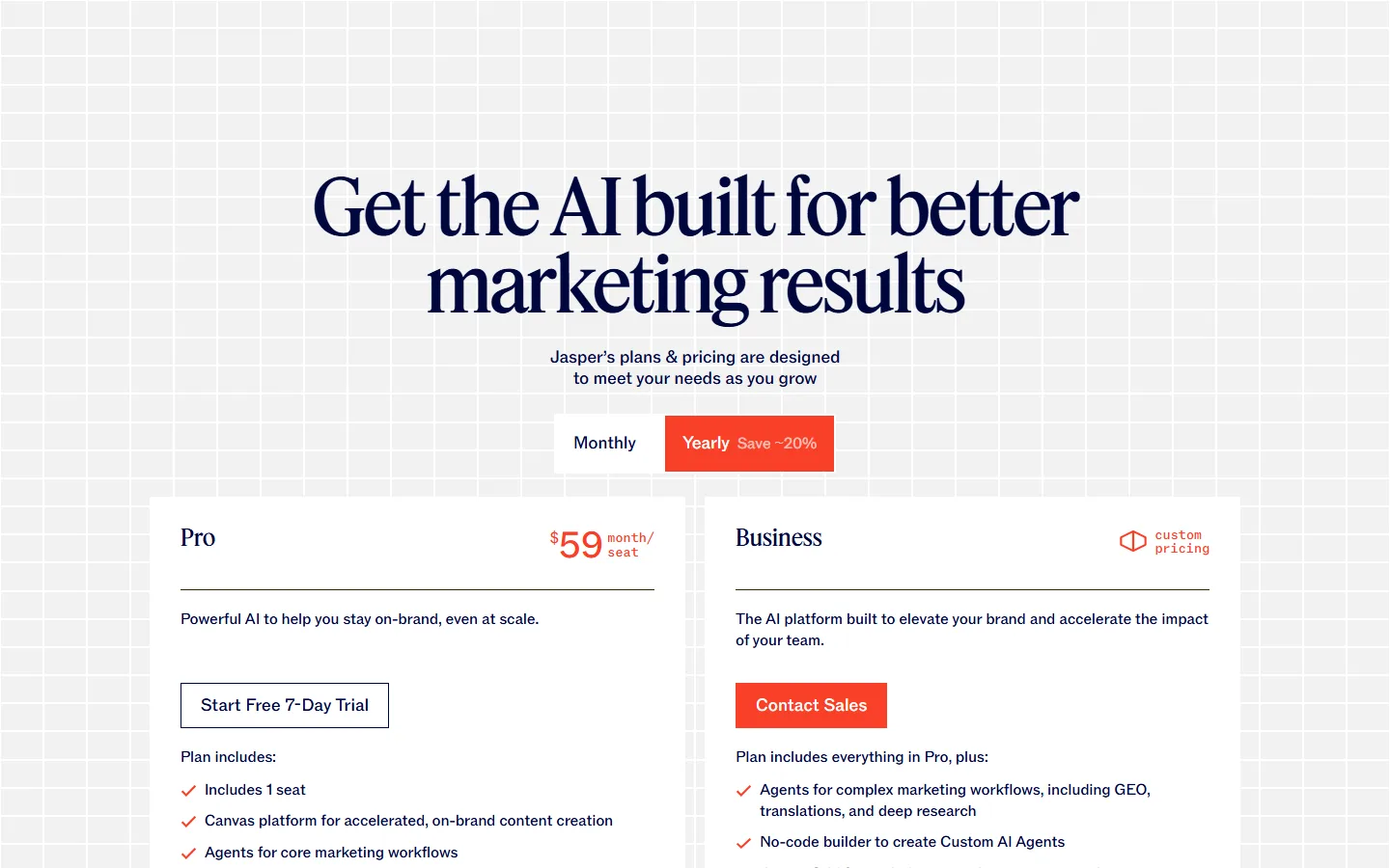 Jasper pricing page
