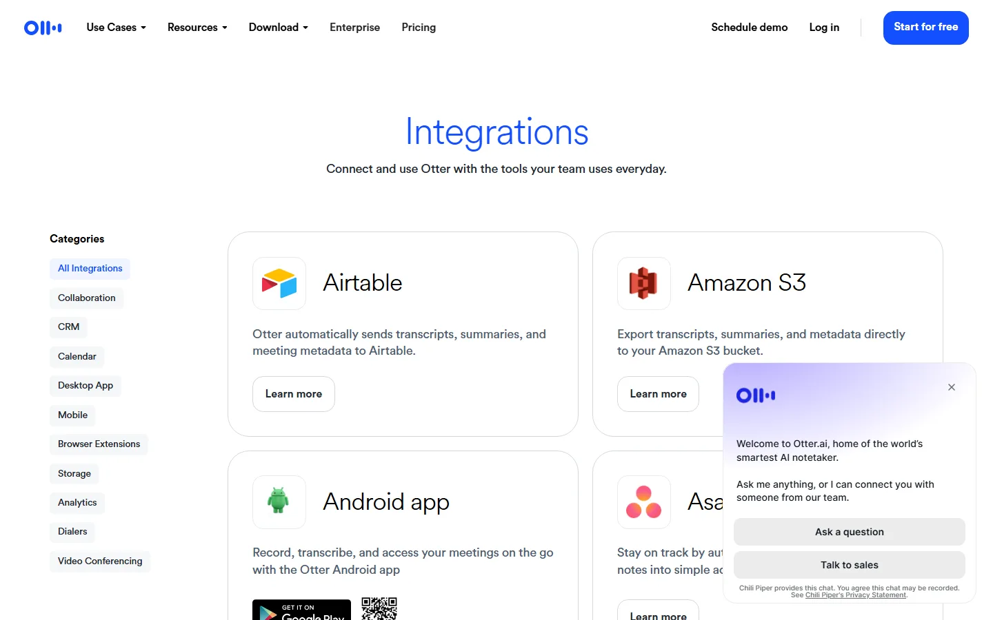 Otter.ai integrations page