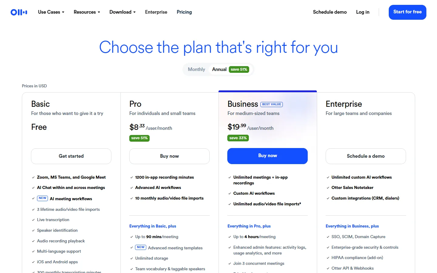 Otter.ai pricing page