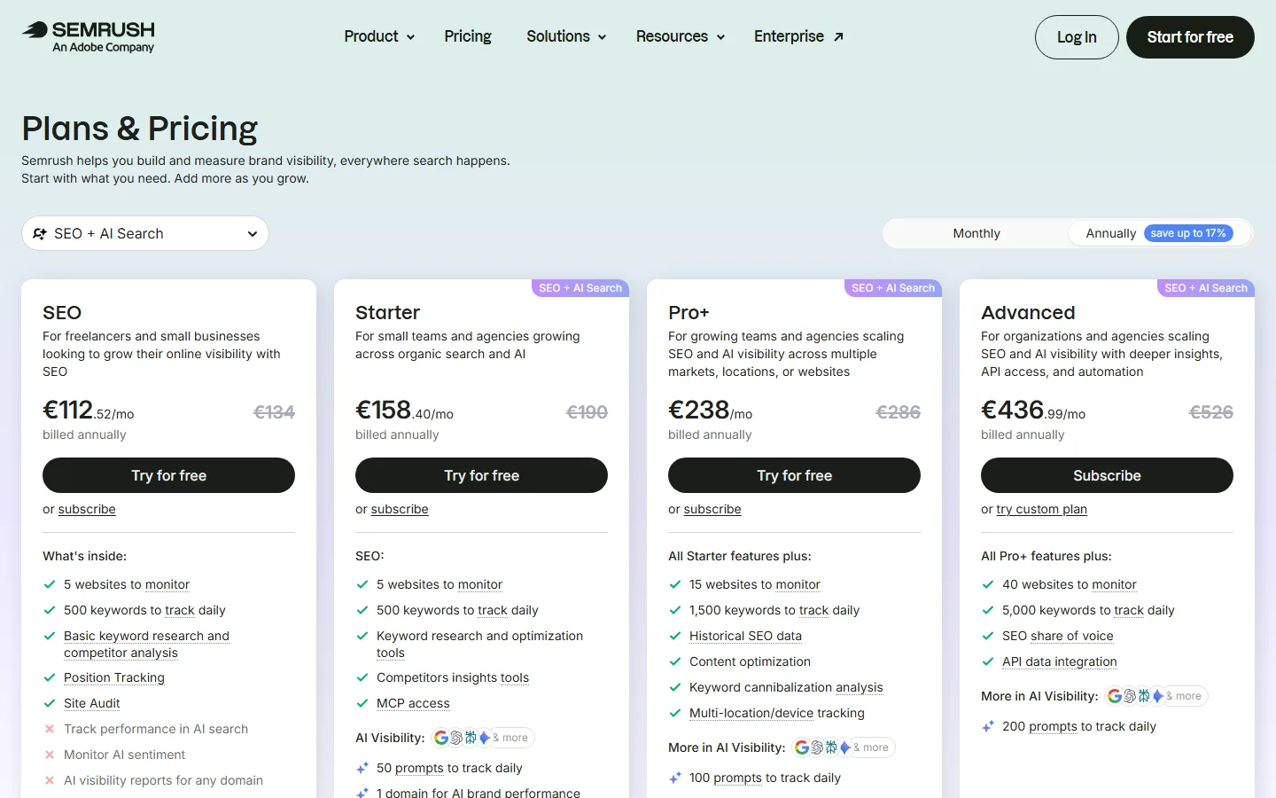 Semrush pricing page