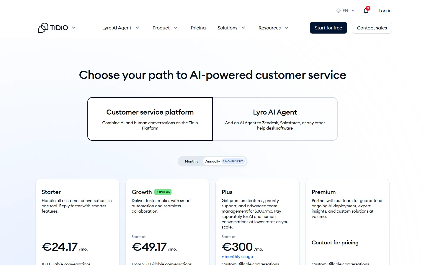 Tidio pricing page