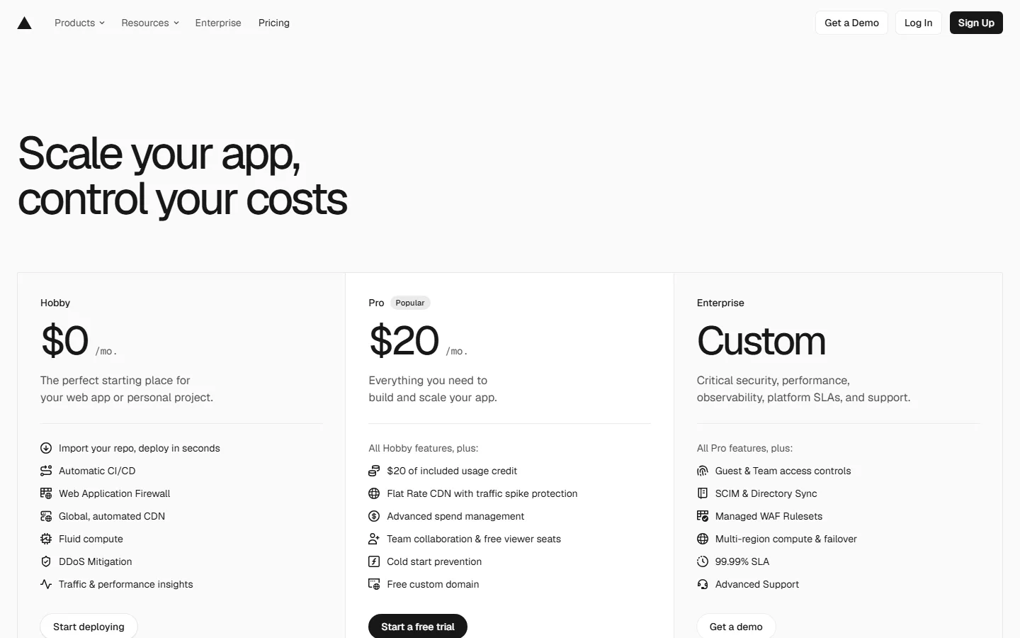 Vercel pricing page